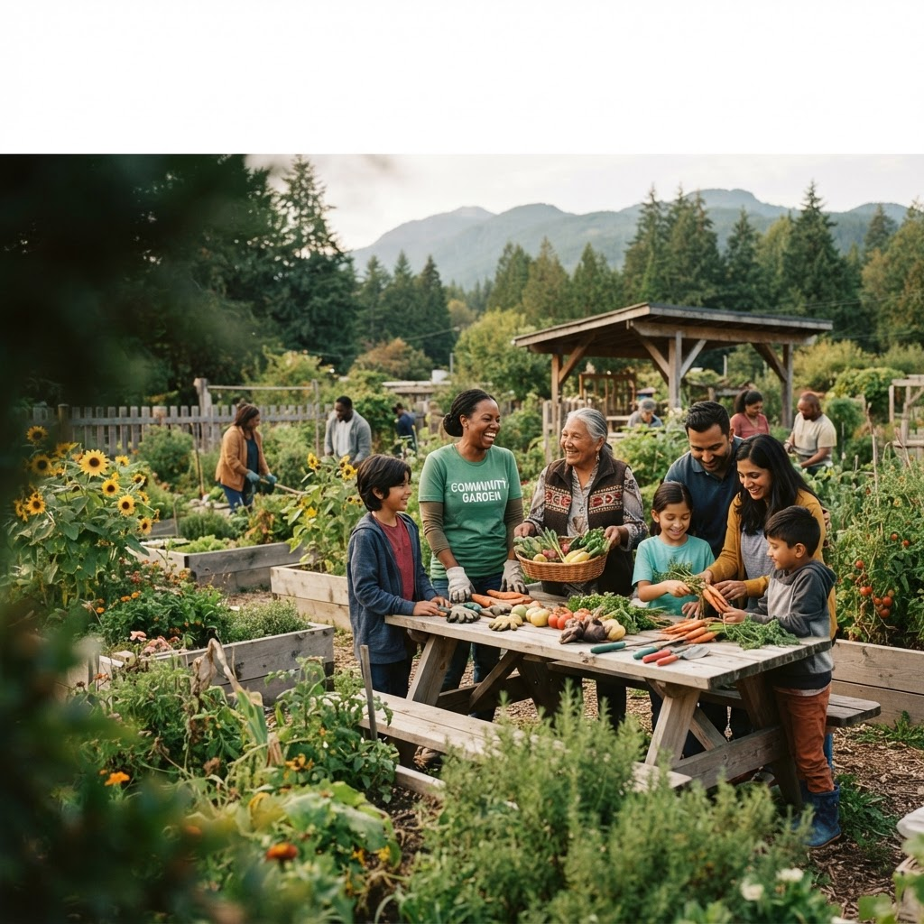 Volunteers and community members gathering outdoors